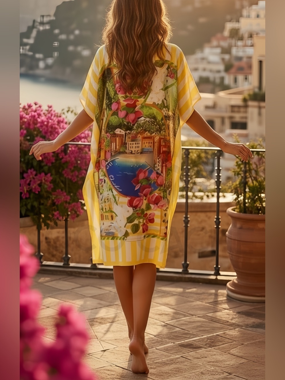 Portofino Riviera Tropical Pattern Oversized Casual Midi Dress - Picture 4 of 17